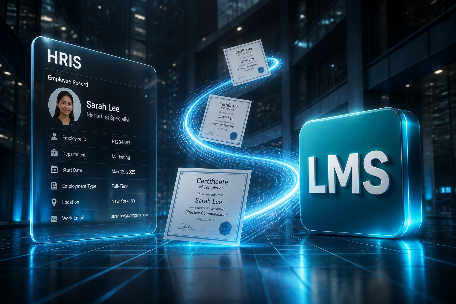 An HRIS hire record and an LMS badge connected by a cyan ribbon of completion certificates, illustrating automated corporate training management integration