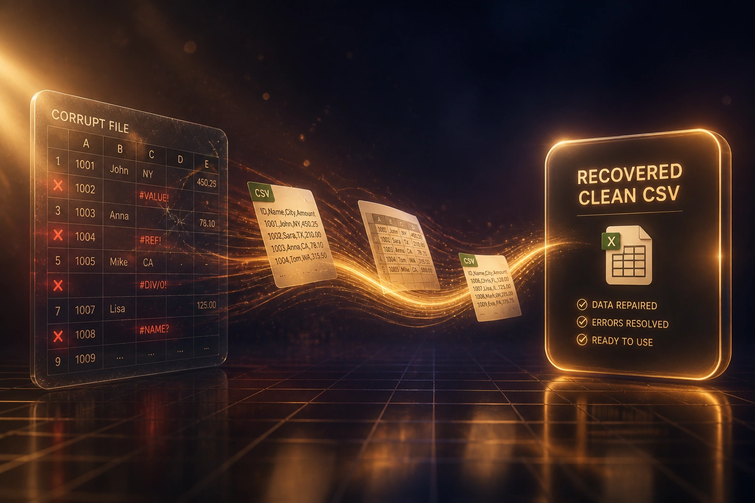 A glass CORRUPT FILE spreadsheet panel with red error marks connected by an amber ribbon of CSV fragments to a glossy RECOVERED CLEAN CSV badge on a deep indigo night scene
