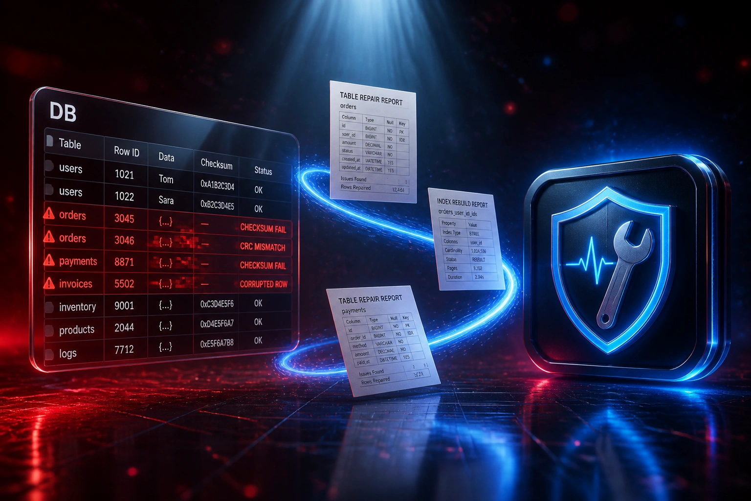 A glass DB panel showing corrupted red checksum-error rows connected by an electric blue ribbon of table and index repair reports to a glossy recovery badge on a deep crimson-black scene
