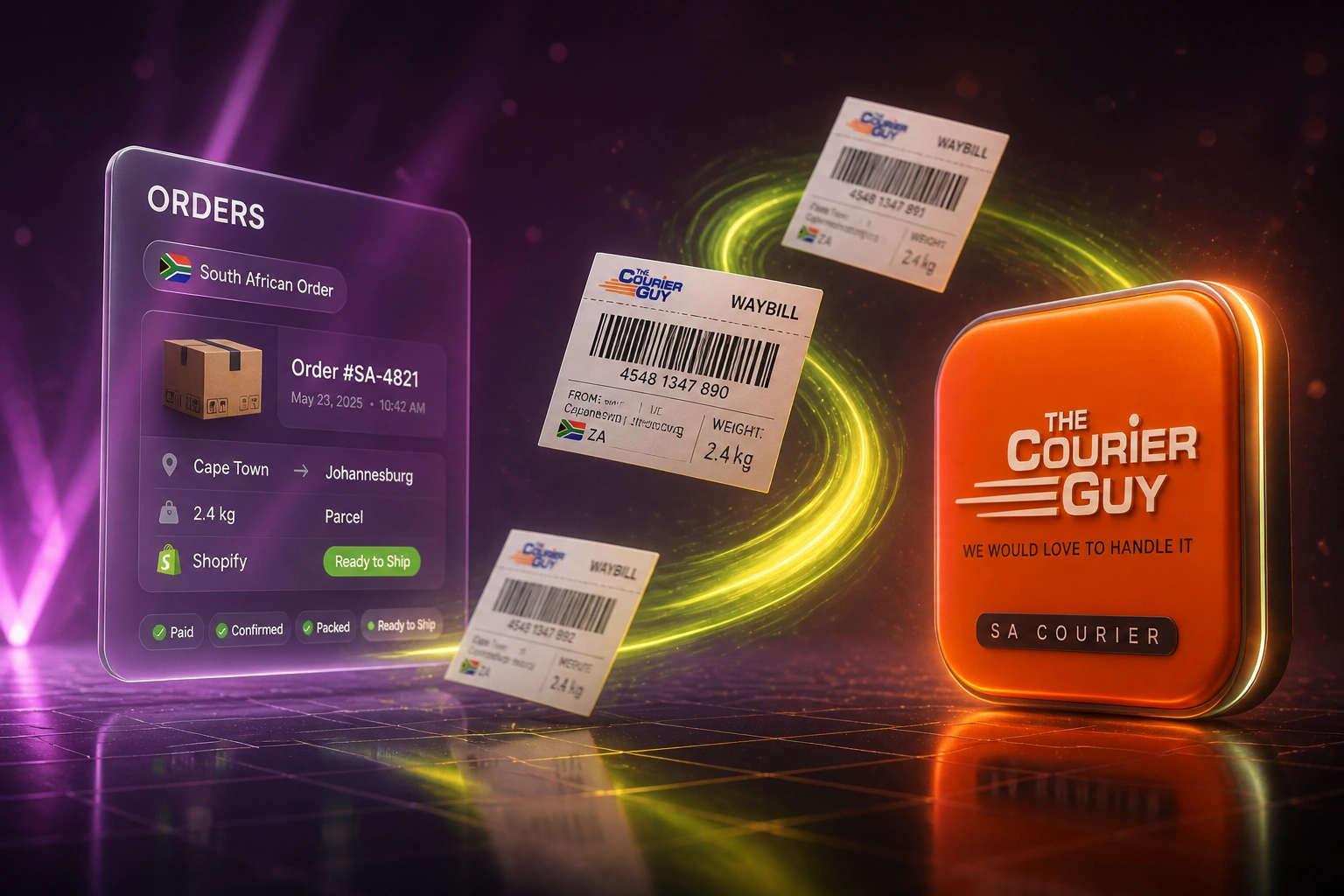 A glass ORDERS panel for a Cape Town to Johannesburg Shopify shipment connected by a lime ribbon of waybills to a glossy The Courier Guy orange badge