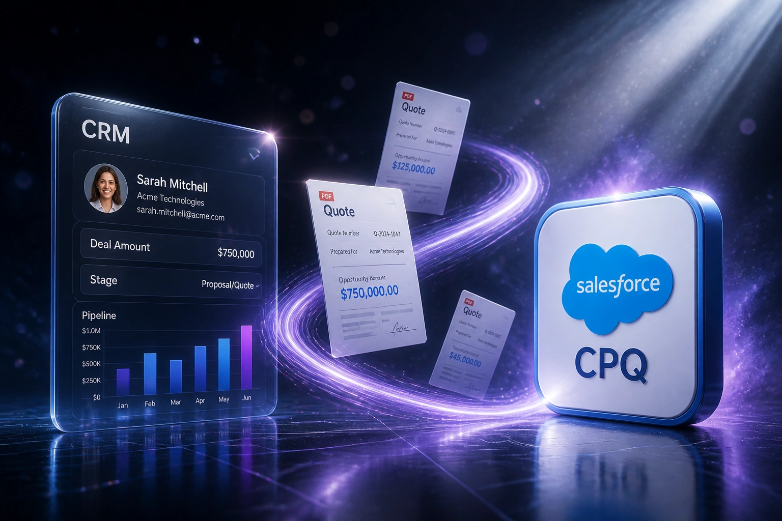 A glass CRM panel and a Salesforce CPQ badge connected by a violet ribbon of quote documents, illustrating CPQ CRM integration