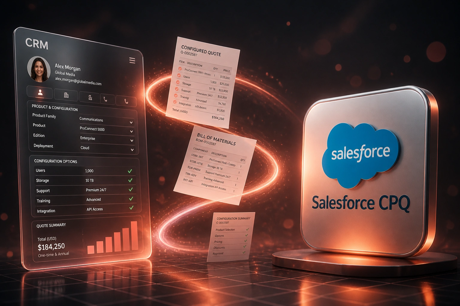 A glass CRM configurator panel connected by a coral ribbon of quote and BOM documents to a glossy Salesforce CPQ badge, illustrating a configure-price-quote system for complex products