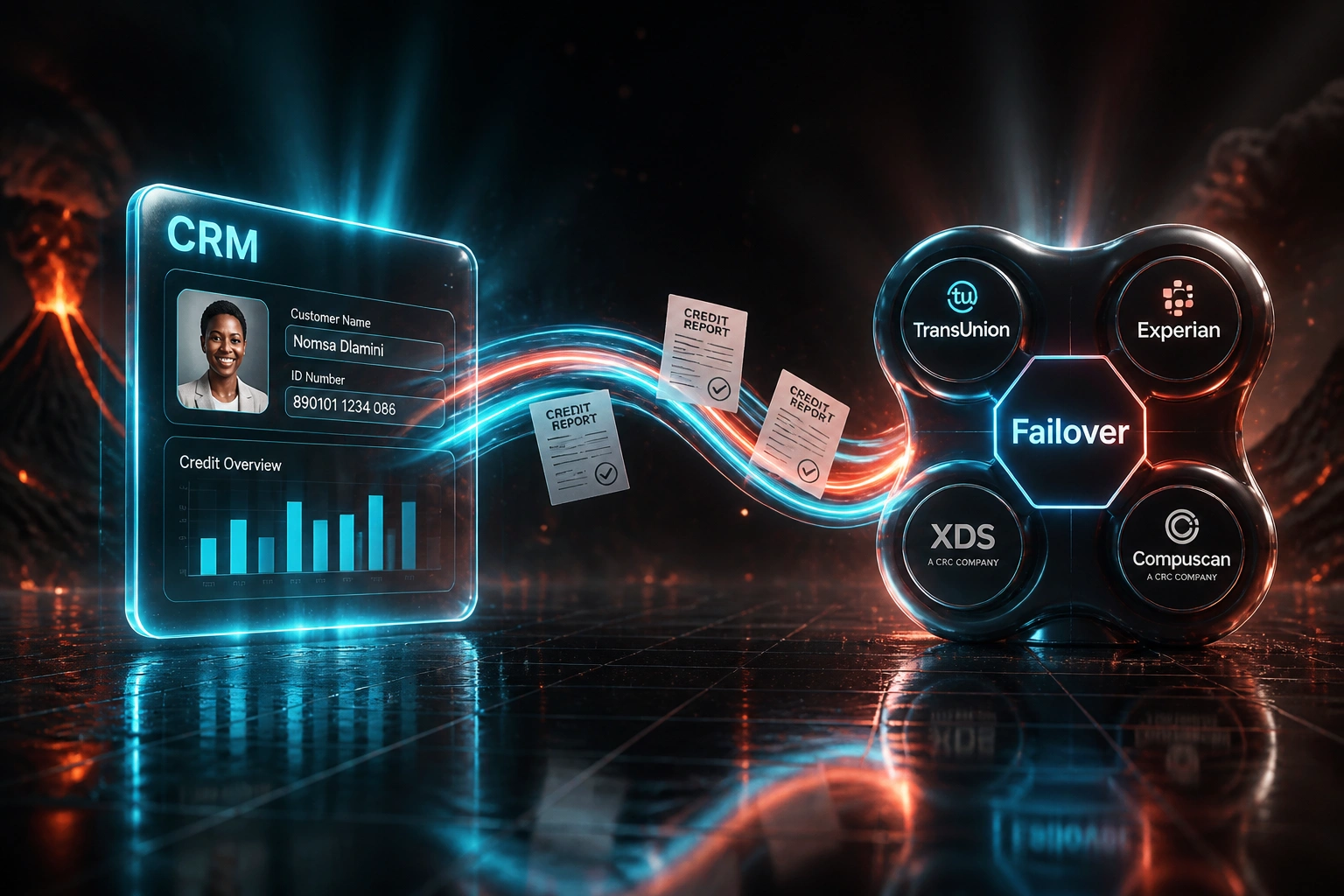 A glass CRM panel and a multi-bureau failover hub for TransUnion, Experian, XDS, and Compuscan, connected by credit reports on a cyan-coral ribbon of light