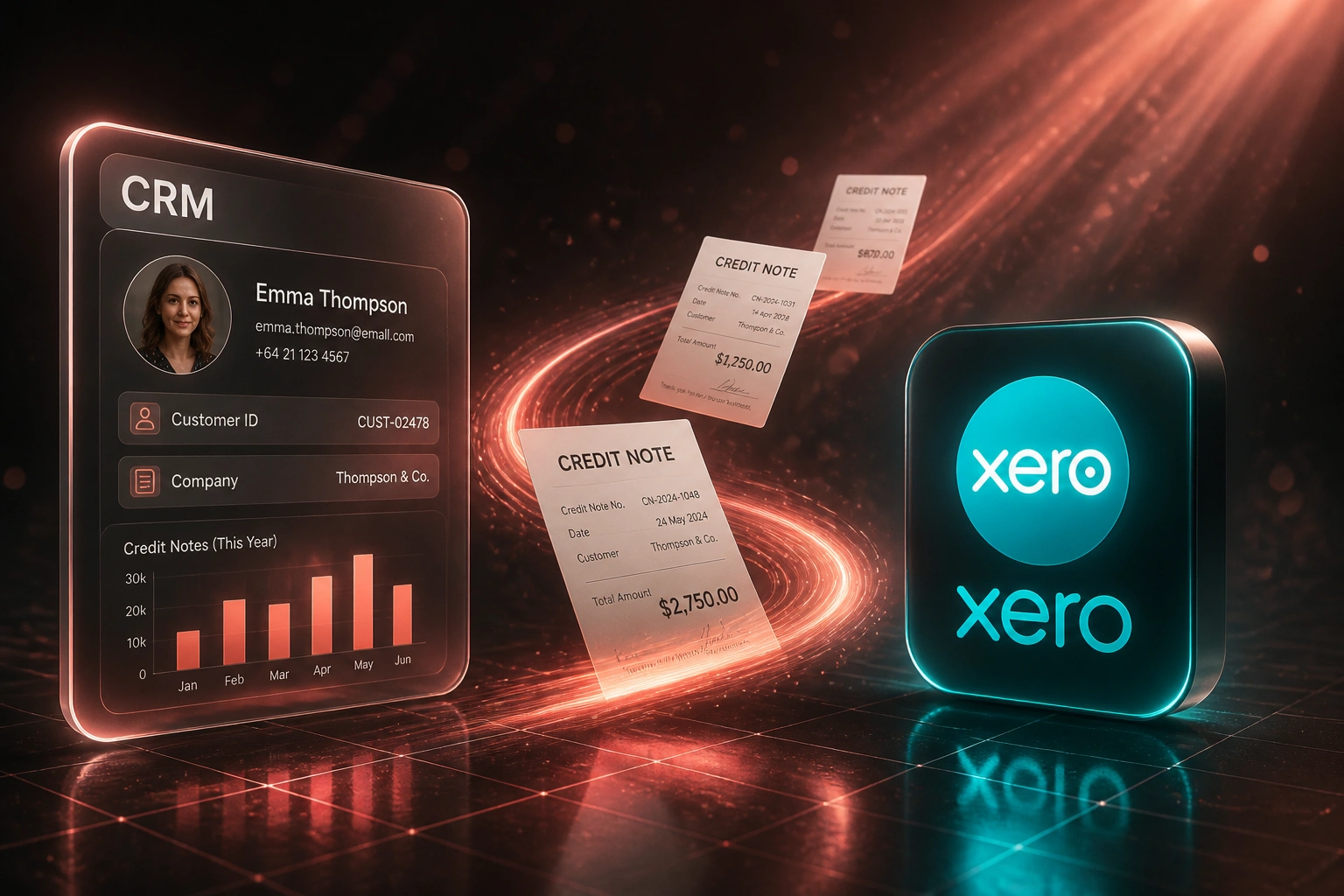 A glass CRM panel and Xero badge connected by a coral ribbon of credit note documents, illustrating automated credit note workflow
