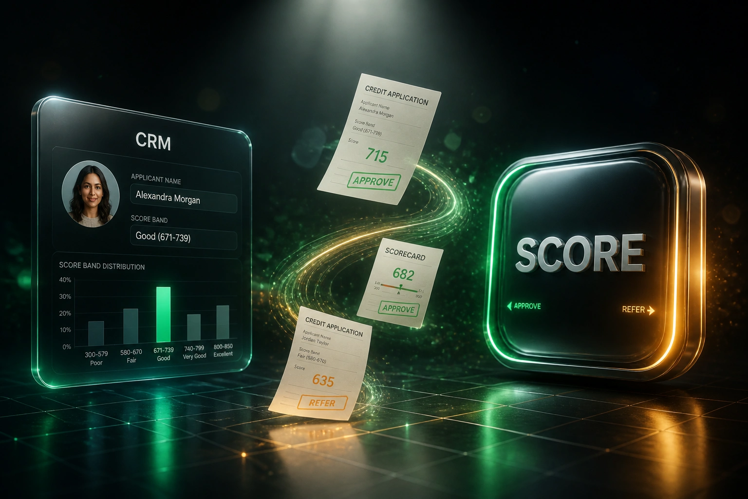 A CRM panel and a SCORE decision hub badge connected by a ribbon of credit applications, illustrating automated approve, decline, and refer routing