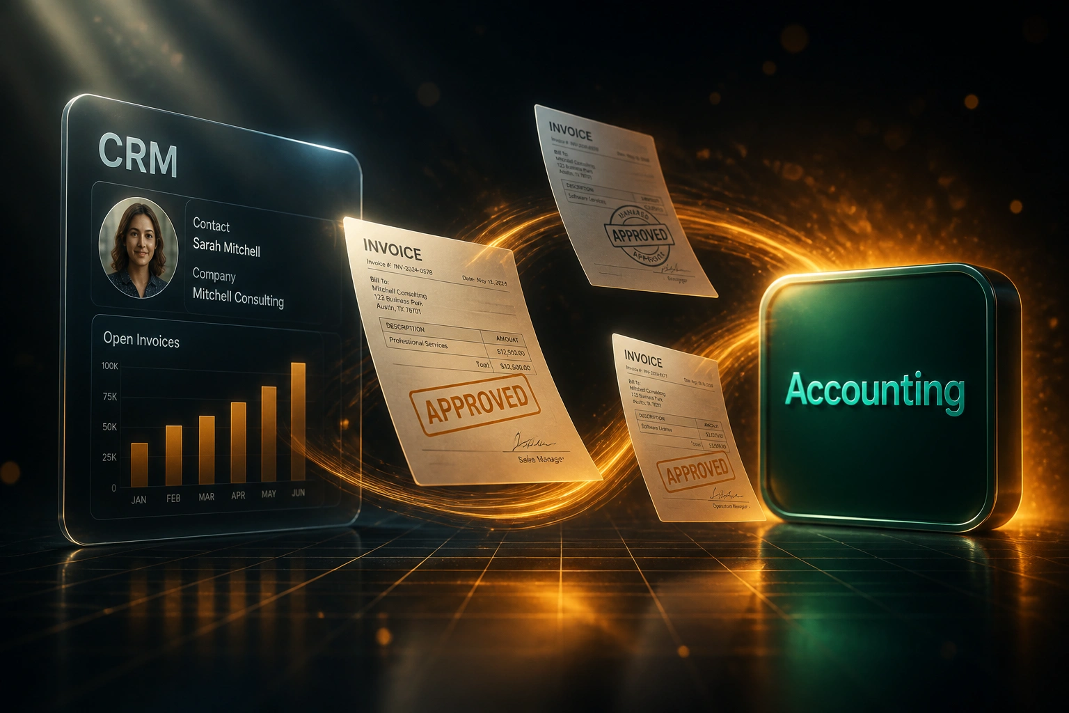 A glass CRM panel and a glossy Accounting badge linked by an amber ribbon of APPROVED-stamped invoices, illustrating a CRM-triggered invoice approval workflow