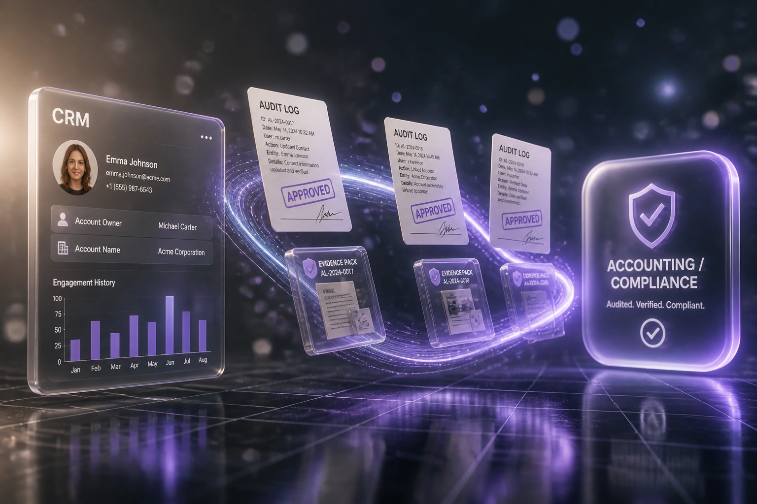 A glass CRM panel and an Accounting Compliance badge linked by a soft violet ribbon carrying stamped audit log documents and evidence packs