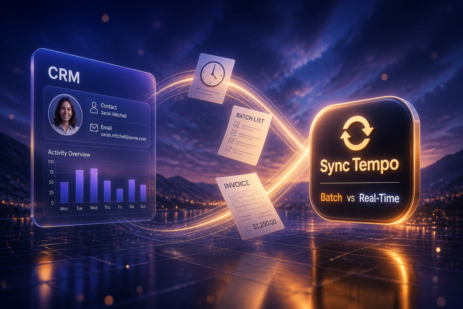 Glass CRM panel linked by an amber sync ribbon to a Sync Tempo Batch vs Real-Time badge, with invoice and batch documents mid-flight over an indigo twilight floor