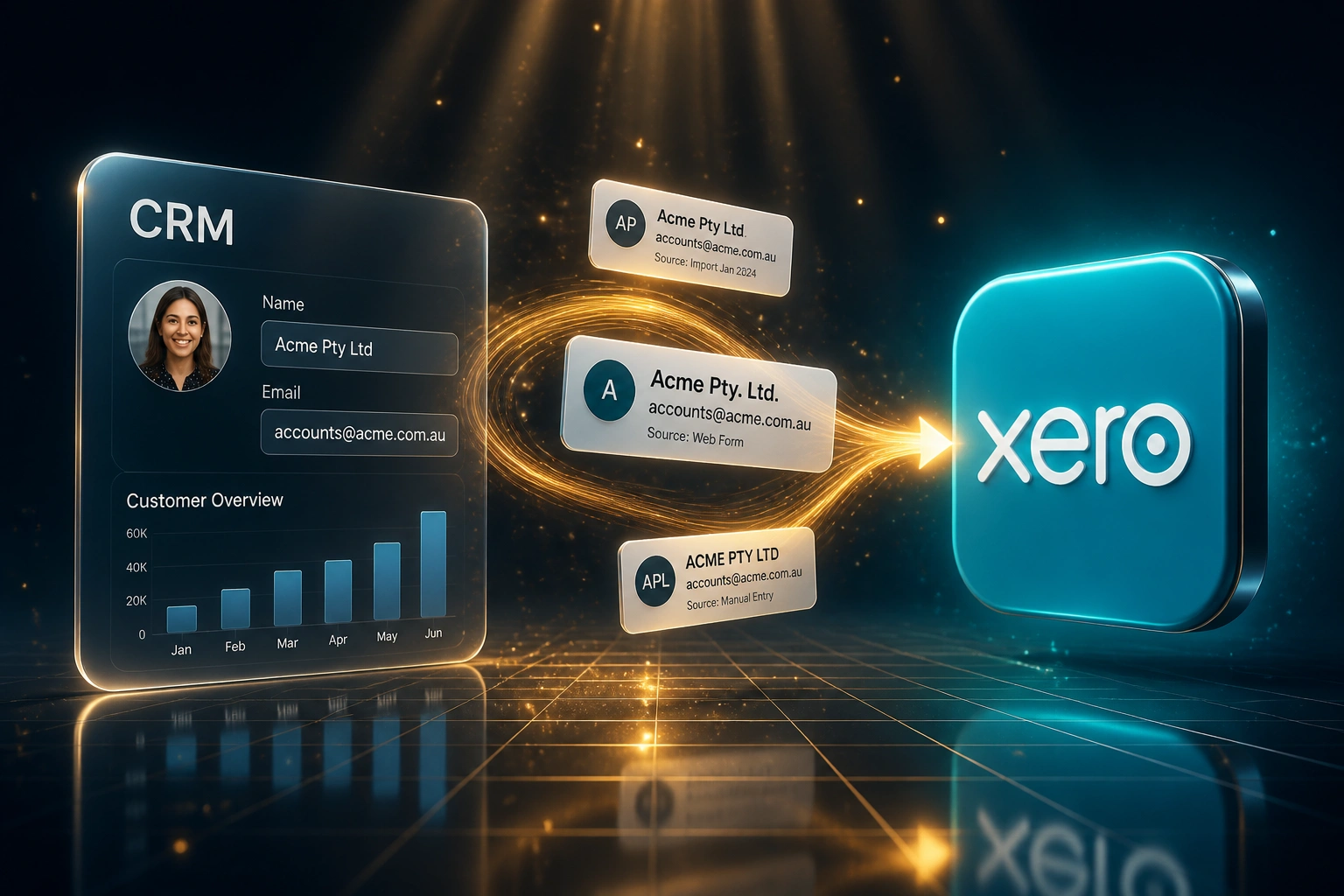 A CRM glass panel and a Xero badge linked by an amber ribbon of duplicate customer cards mid-merge, illustrating cross-system customer deduplication