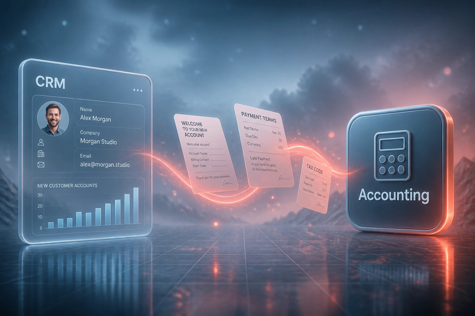 A CRM glass panel and an Accounting badge linked by a coral ribbon of welcome account cards, payment terms, and tax code documents, illustrating automated new-customer onboarding