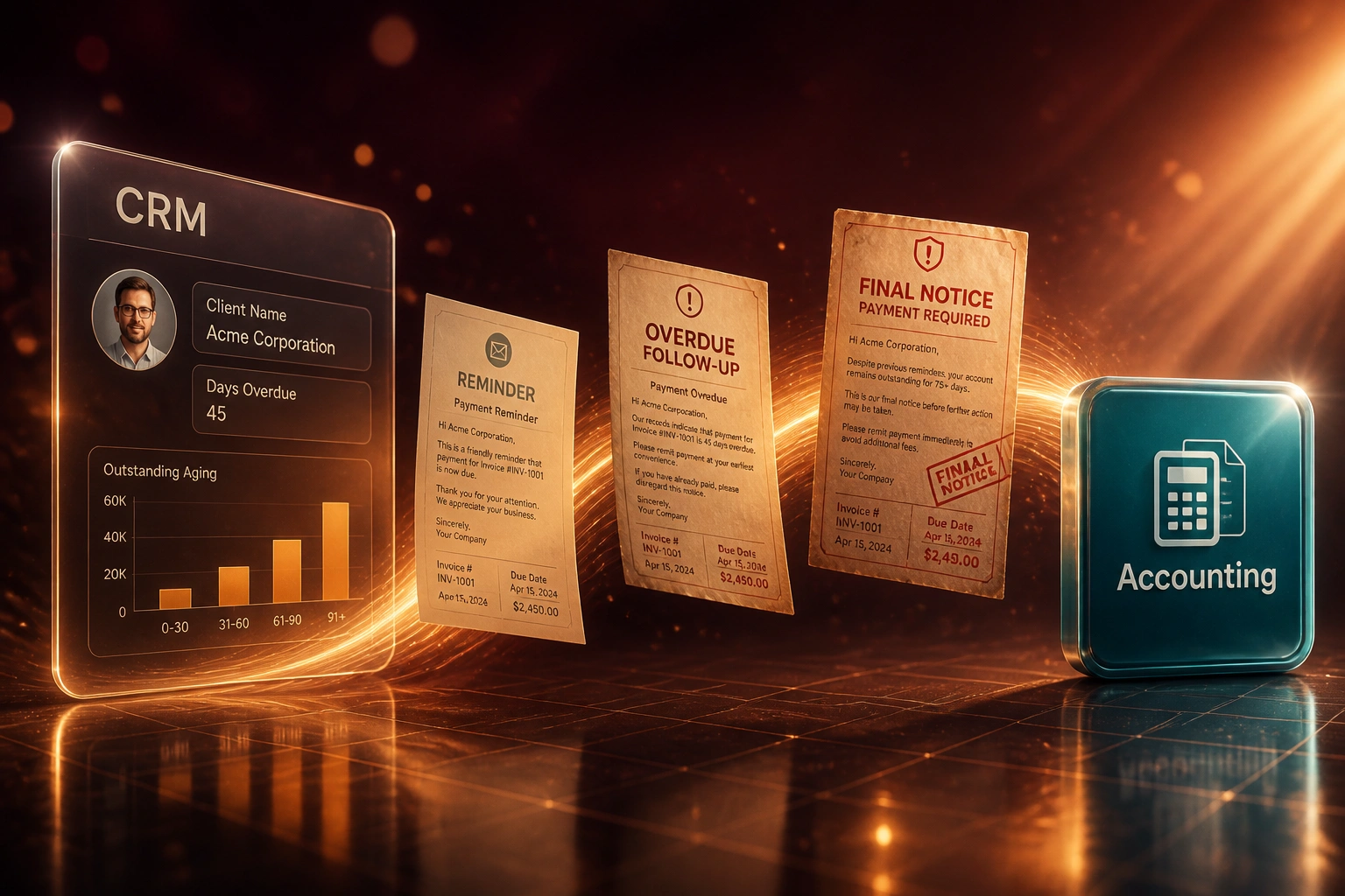 A CRM panel and Accounting badge linked by a copper-gold ribbon carrying escalating reminder, overdue, and final-notice documents, illustrating automated dunning sequences
