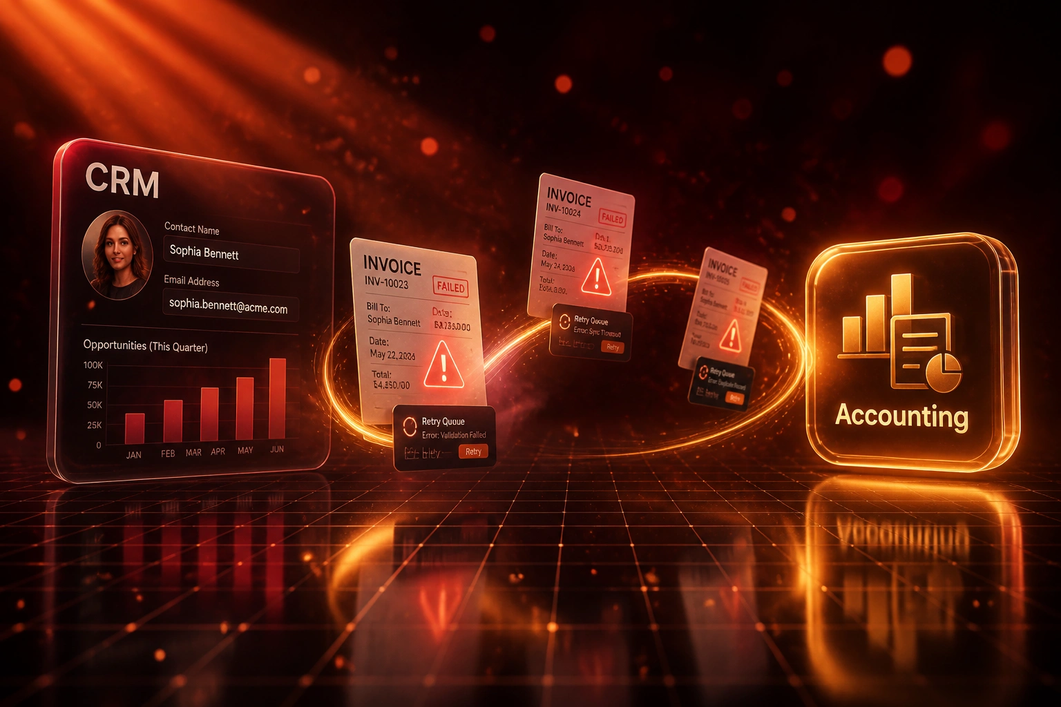 A glass CRM panel and Accounting badge linked by an amber ribbon of failed invoices and retry queue cards, illustrating resilient CRM-accounting error handling