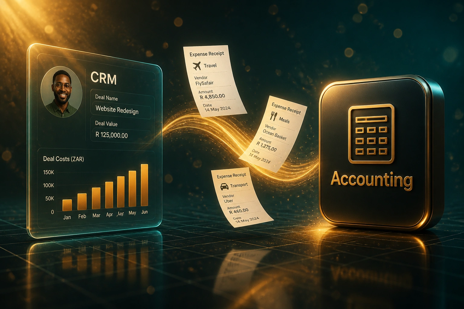 A CRM deal panel and an Accounting ledger badge connected by a flowing stream of expense receipts, illustrating automated deal cost allocation