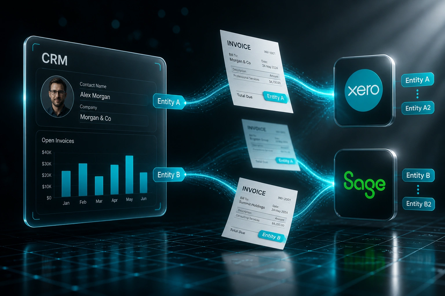 A glass CRM panel routing cyan-tagged invoices along light ribbons to separate Xero and Sage organisation badges, illustrating multi-entity billing