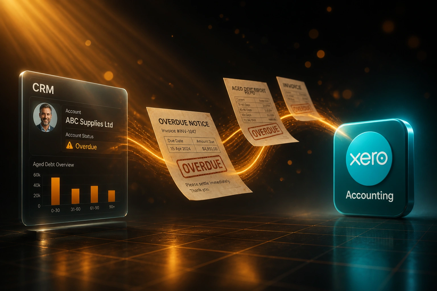 A glass CRM panel showing an overdue account warning connected by an amber ribbon of overdue invoices to a teal Accounting badge, illustrating automated overdue payment alerts