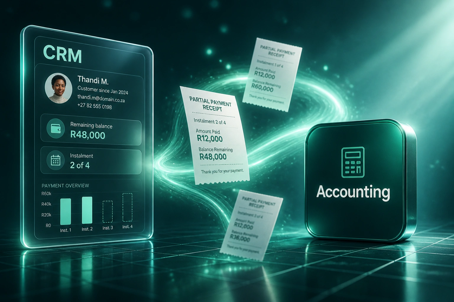 A glass CRM panel showing remaining balance and instalment progress connected to an Accounting badge by a mint ribbon of partial payment receipts