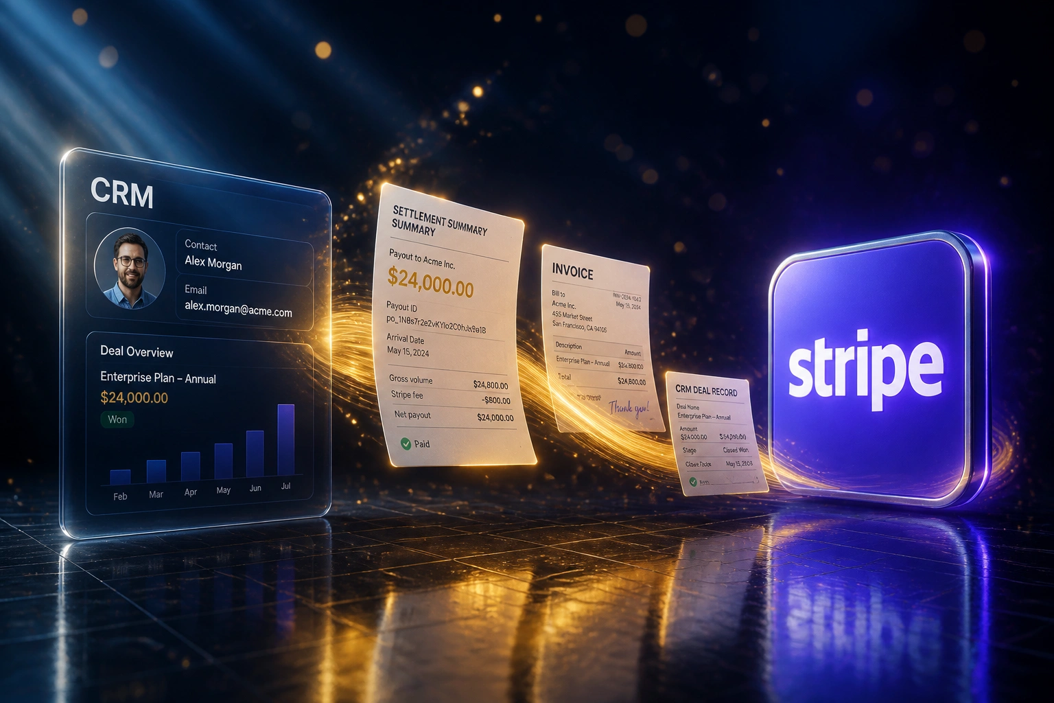 A glass CRM panel and the Stripe logo linked by a gold ribbon of settlement and invoice documents, illustrating three-way payment gateway reconciliation