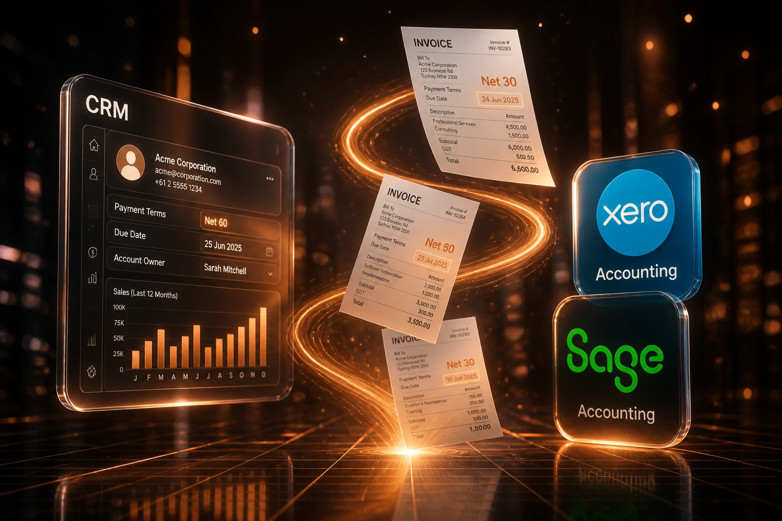 A CRM glass panel showing Net 60 terms connected by a copper ribbon of invoices to Xero and Sage accounting badges, illustrating payment terms sync