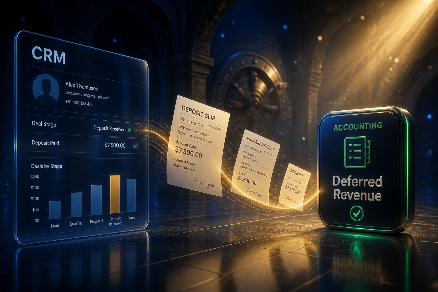A glass CRM panel showing Deposit Paid connected by a gold ribbon of deposit slips to an Accounting Deferred Revenue badge in a midnight indigo vault