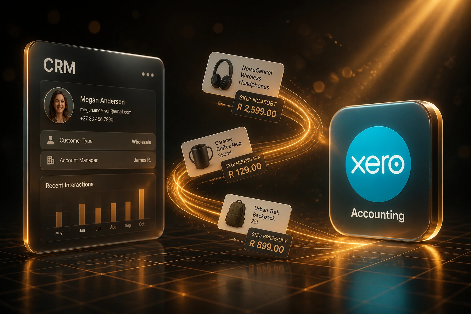 A glass CRM panel connected by a gold ribbon of product cards and SKU price tags to an accounting badge, illustrating automated catalogue sync