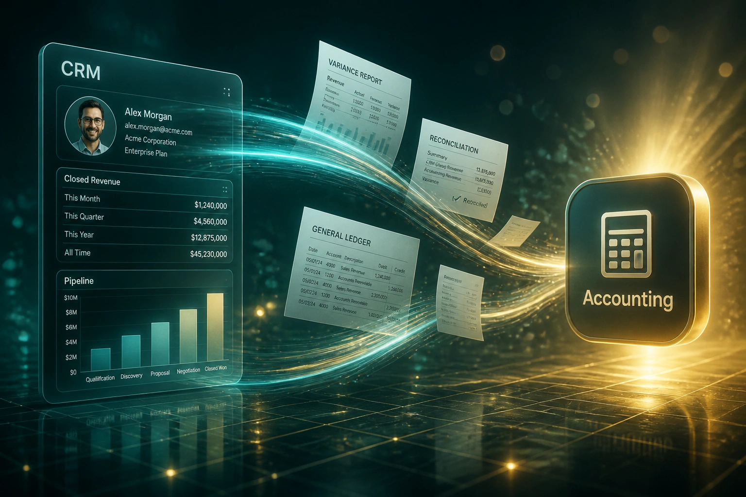 A glass CRM panel showing closed revenue figures connected by an S-curved ribbon of variance reports to an Accounting badge, illustrating automated CRM-to-ledger reconciliation