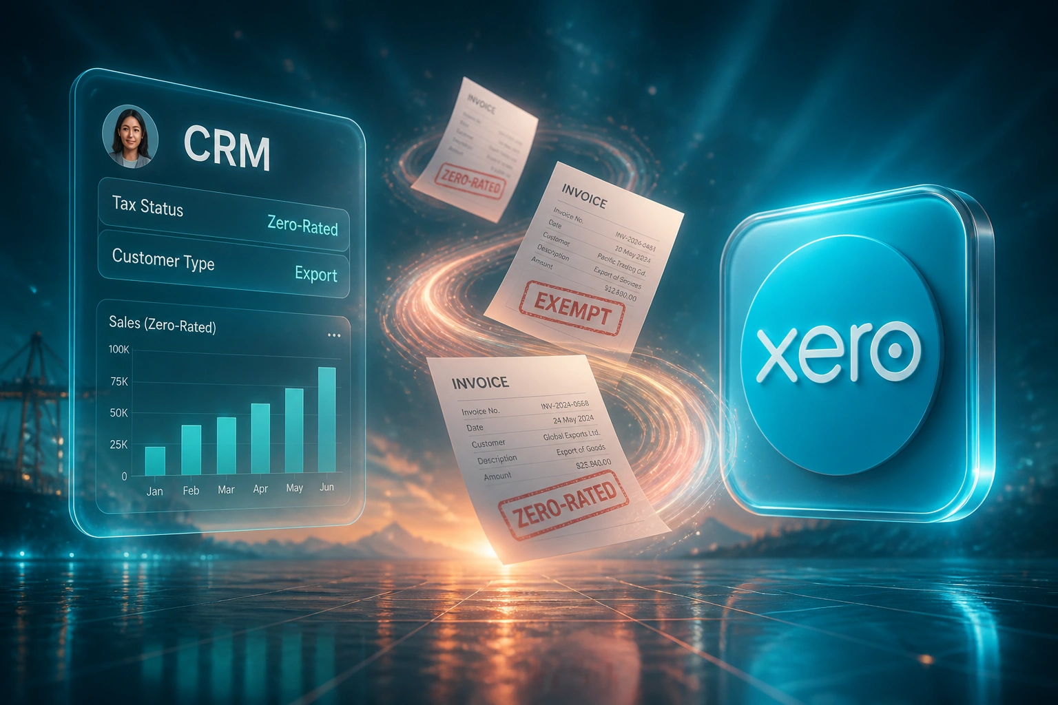 A glass CRM panel showing zero-rated tax status connected to a Xero badge by a ribbon of invoices stamped ZERO-RATED and EXEMPT