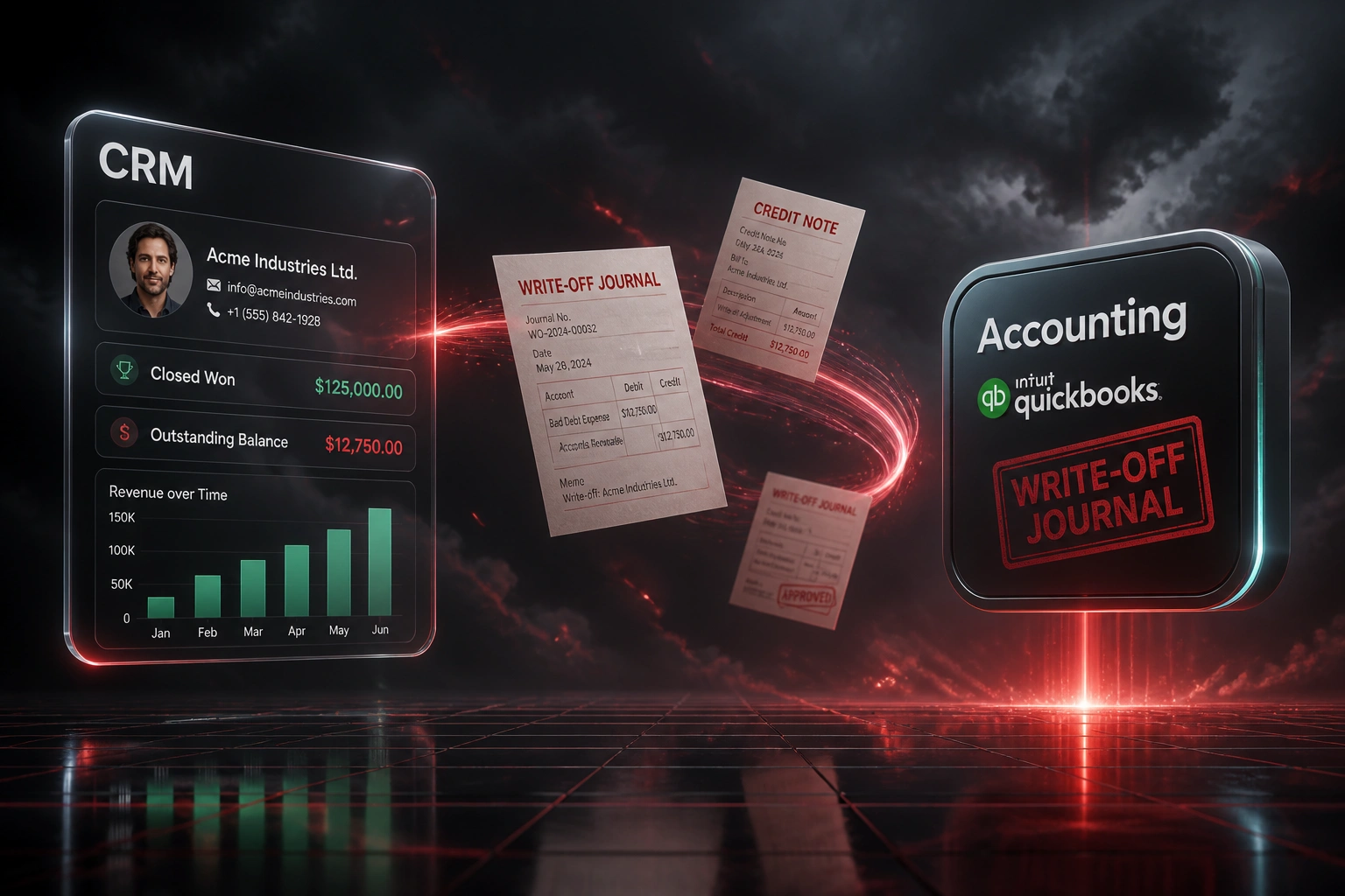 A CRM panel and an Accounting write-off journal badge linked by a crimson ribbon of journal documents, illustrating an automated bad debt write-off workflow