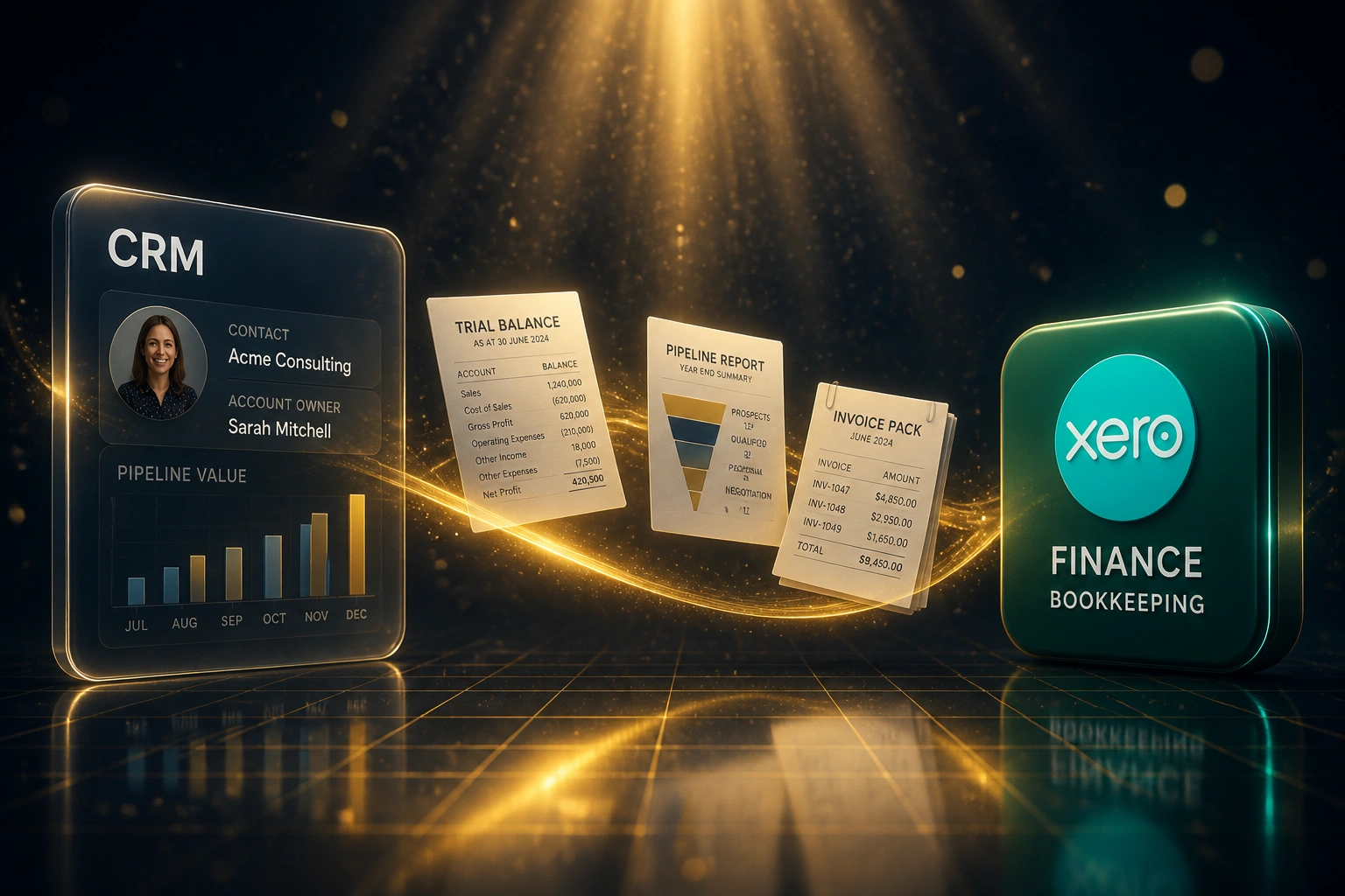 A glass CRM panel and a glossy Finance badge connected by a gold ribbon of light carrying trial balance, pipeline report, and invoice pack documents for year-end reconciliation