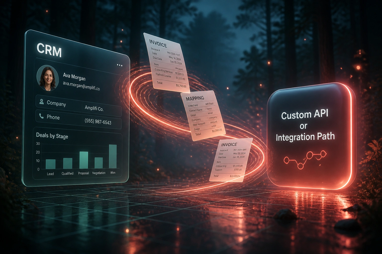 A glass CRM panel and a Custom API Integration Path badge connected by a coral ribbon of invoices and field-mapping documents