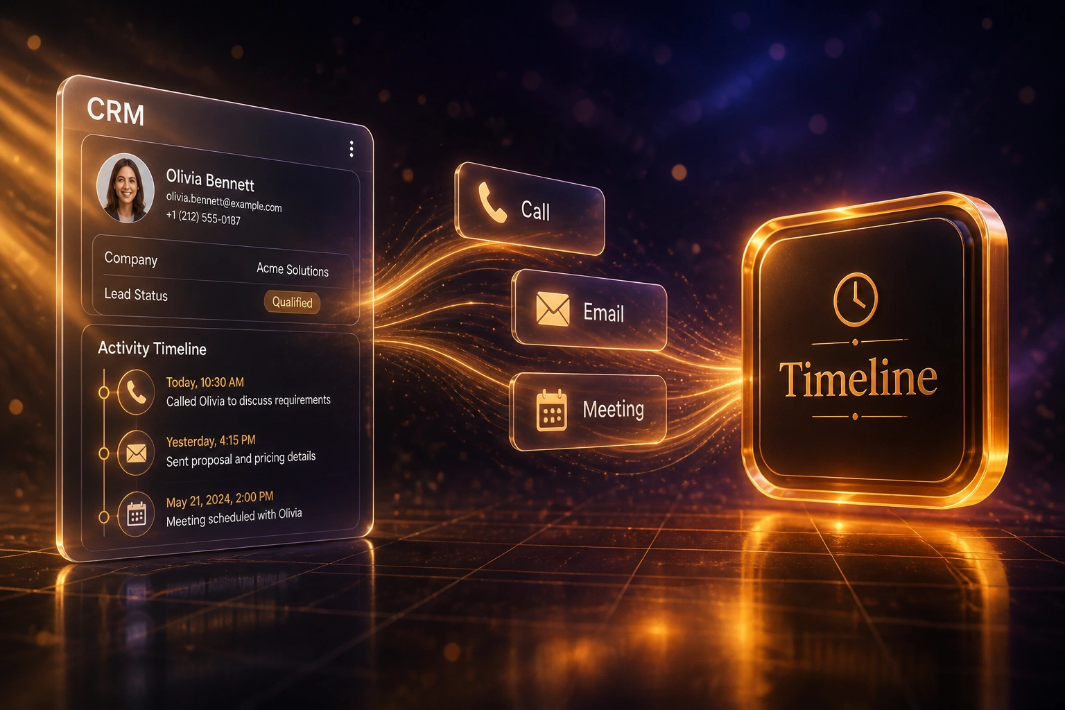 A glass CRM panel and a glossy Timeline badge linked by an amber ribbon of Call, Email, and Meeting cards, illustrating automatic CRM activity logging