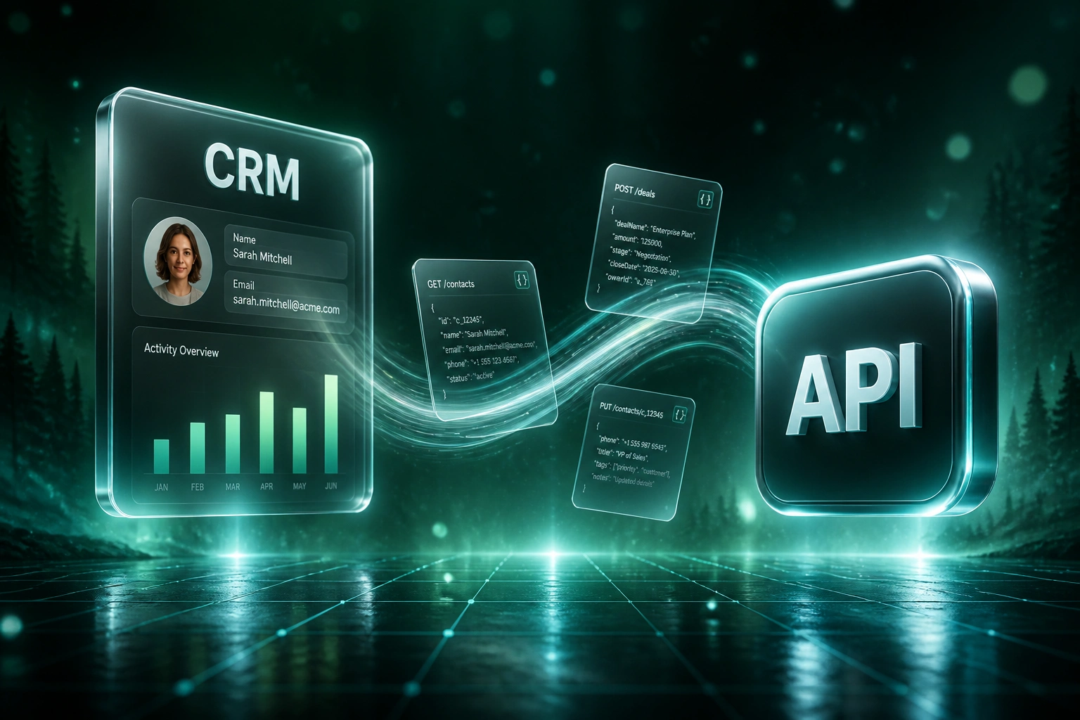 A glass CRM panel connected by a silver-cyan ribbon of data documents to a glossy API badge over a deep emerald forest floor with a perspective grid