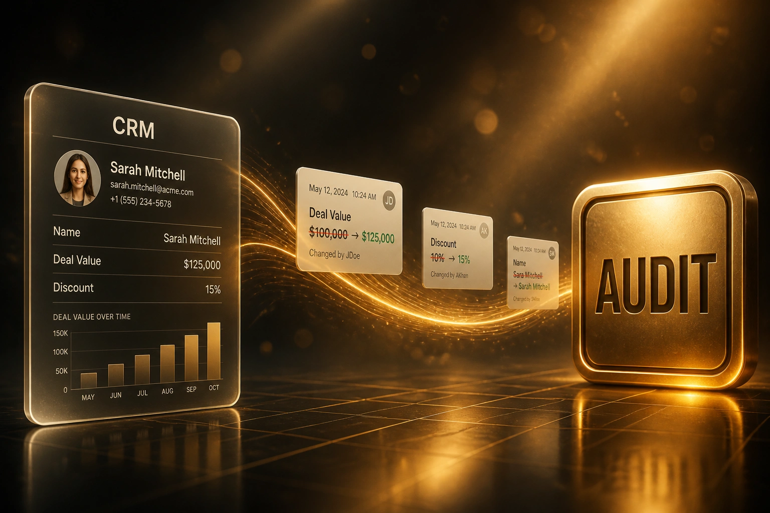 A glass CRM panel and a gold AUDIT badge linked by a ribbon of light carrying field-level change-log cards, illustrating CRM audit trail and change history