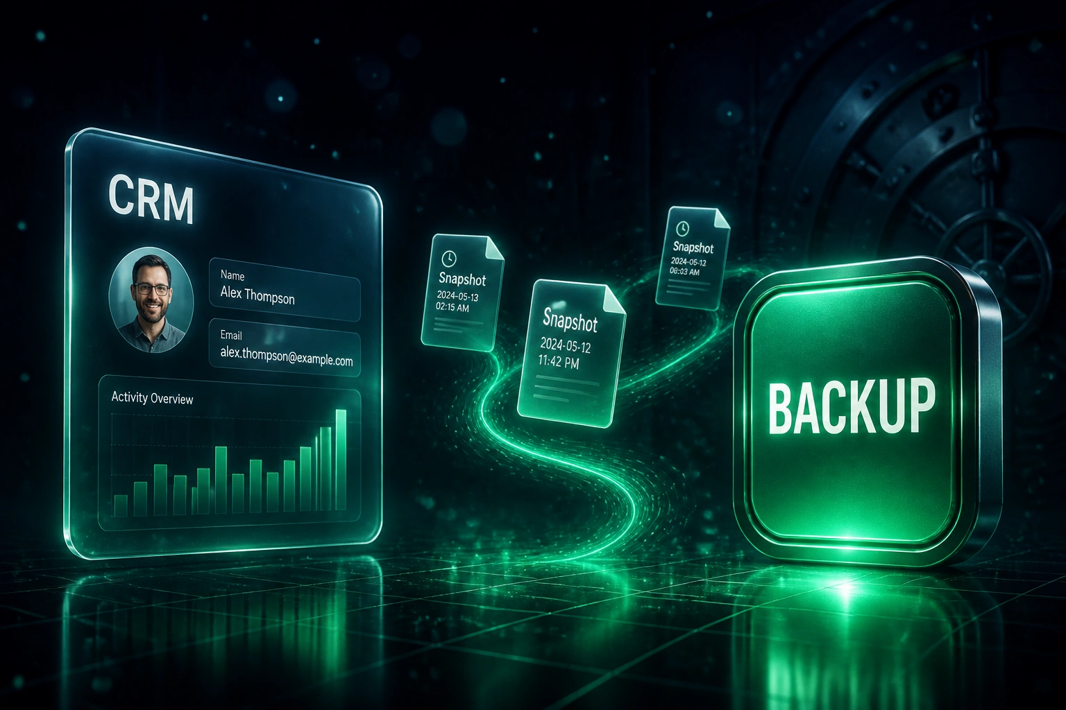 A glass CRM panel connected by an emerald ribbon of snapshot cards to a glossy BACKUP badge in a midnight navy vault, illustrating CRM backup and point-in-time recovery