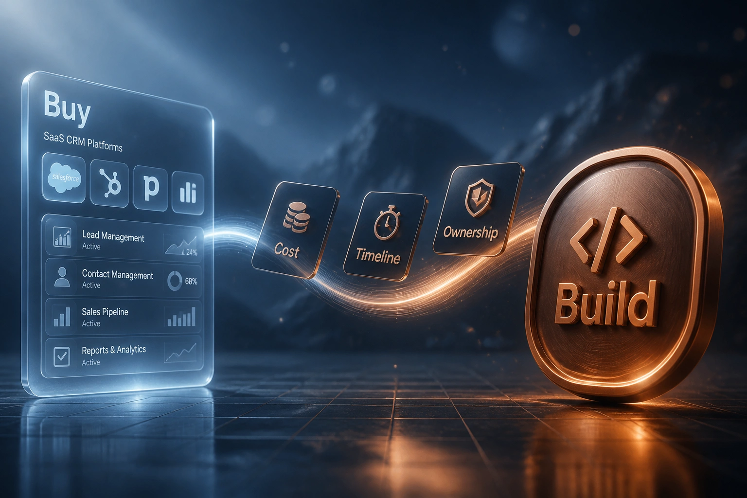 A glass Buy panel of SaaS CRM options and a copper Build badge linked by decision cards for Cost, Timeline, and Ownership