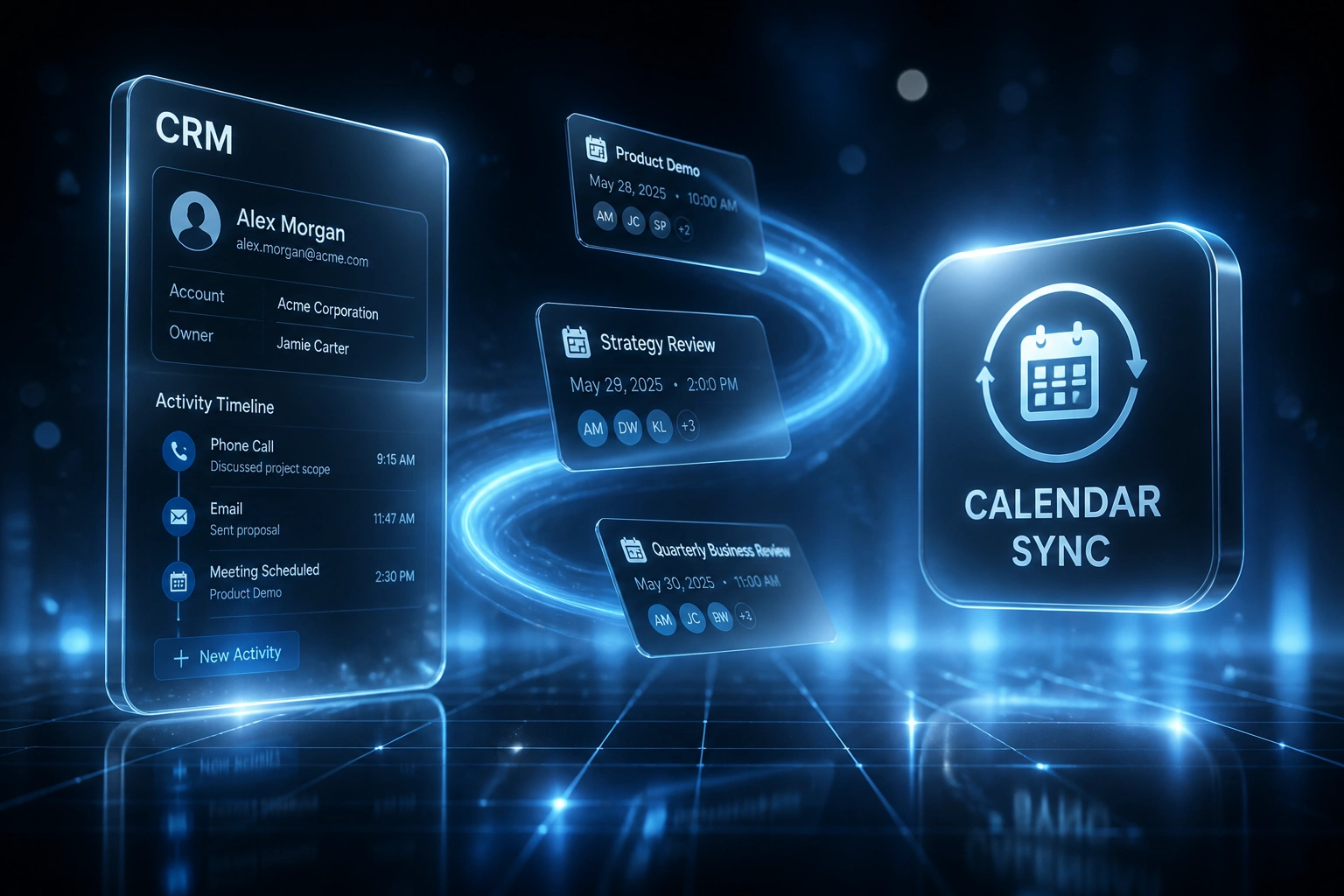 A glass CRM panel and a glossy Calendar Sync badge linked by a sky-blue ribbon of meeting invite cards, illustrating bidirectional CRM calendar integration