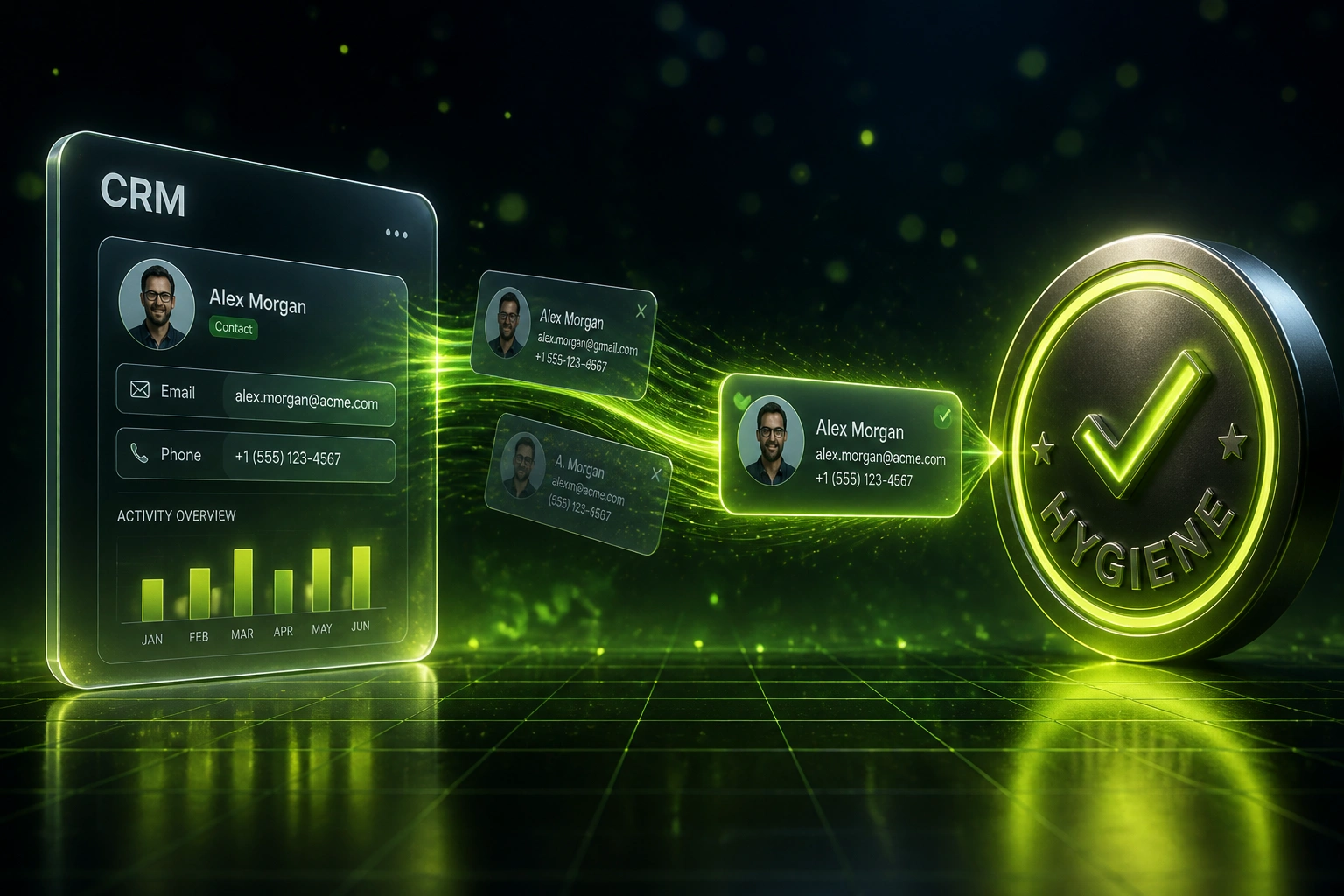 A glass CRM panel and a glossy hygiene seal linked by an electric lime ribbon of contact cards being cleaned and merged, illustrating CRM contact management