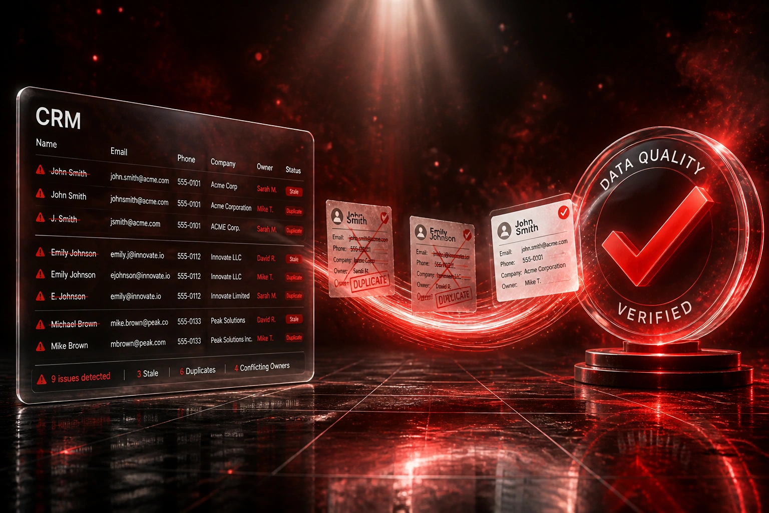 A glass CRM panel of messy duplicate contacts connected by a scarlet ribbon of records to a data quality verified badge with a checkmark