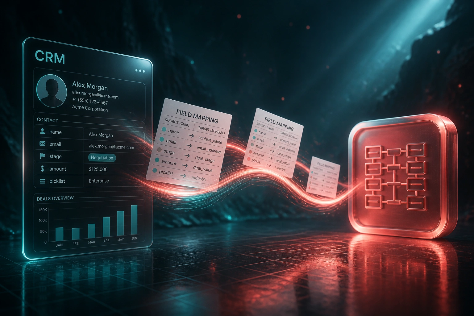 Glass CRM schema panel connected by coral field-mapping documents to a glowing schema map badge in a charcoal teal cavern