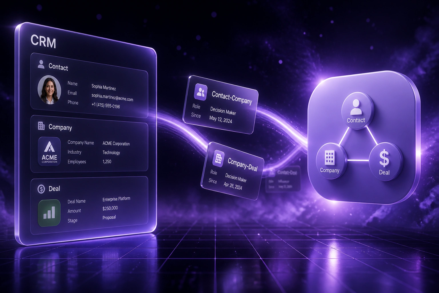 A glass CRM panel showing Contact, Company, and Deal cards linked by a lavender ribbon of association cards to a schema node-graph badge