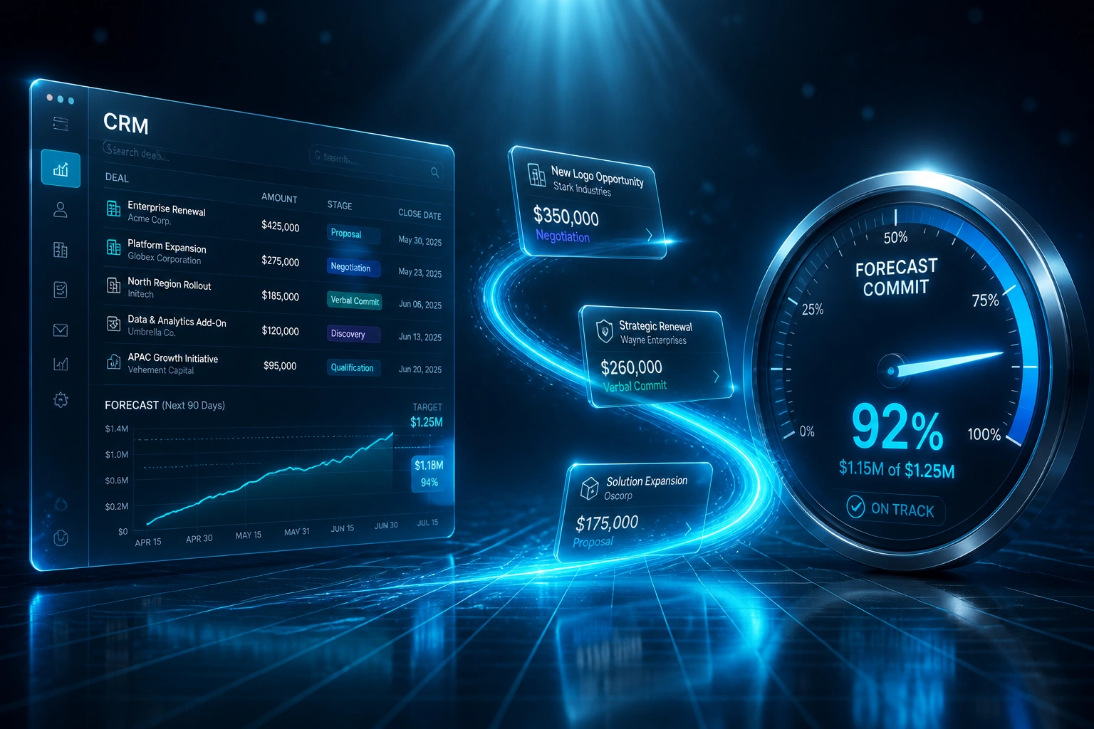 A glass CRM panel showing deal rows and a forecast chart connected by a cyan ribbon of opportunity cards to a glossy commit gauge, illustrating CRM deal tracking and sales forecasting