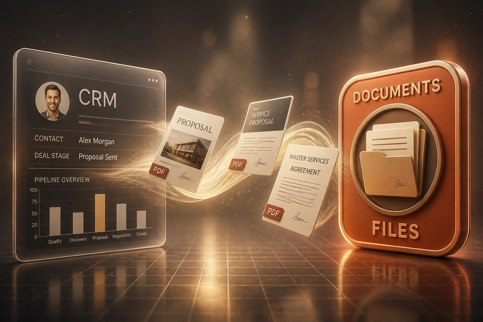 A glass CRM panel connected by a warm parchment ribbon of proposal and contract PDFs to a glossy terracotta DOCUMENTS FILES seal, illustrating CRM document management