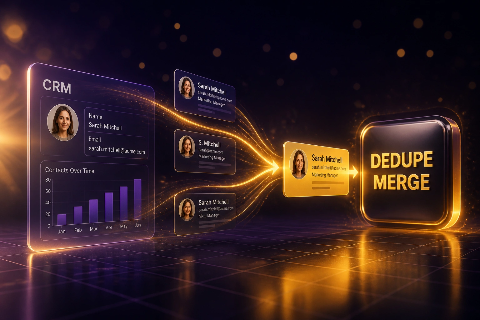 A glass CRM panel connected by an amber ribbon of merging contact cards to a glossy DEDUPE MERGE badge, illustrating automated CRM duplicate detection