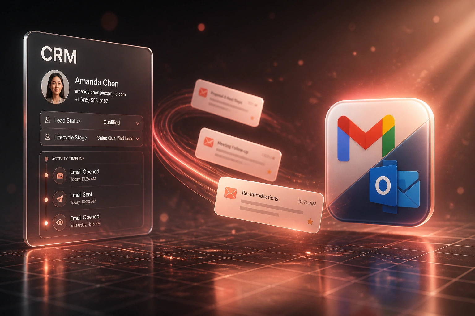 A glass CRM panel and a Gmail-Outlook mail badge linked by a ribbon of email cards, illustrating bidirectional CRM email sync