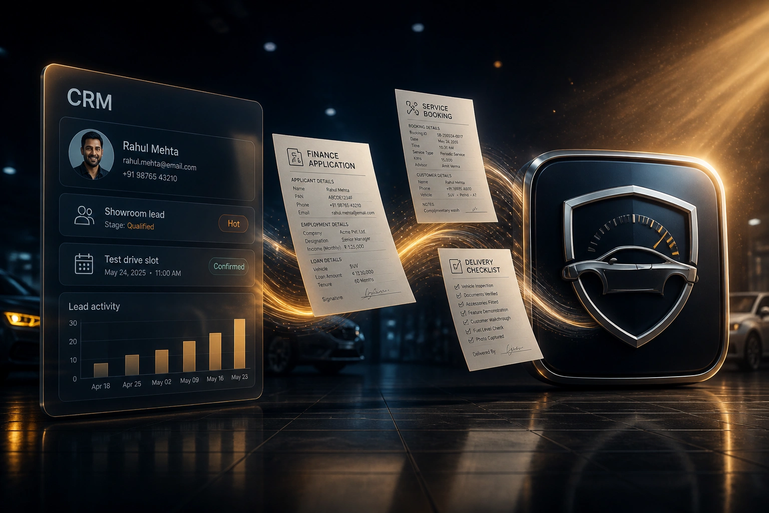 A glass CRM panel showing a showroom lead and test drive slot linked by finance and service documents to a dealership DMS badge on a deep navy showroom floor