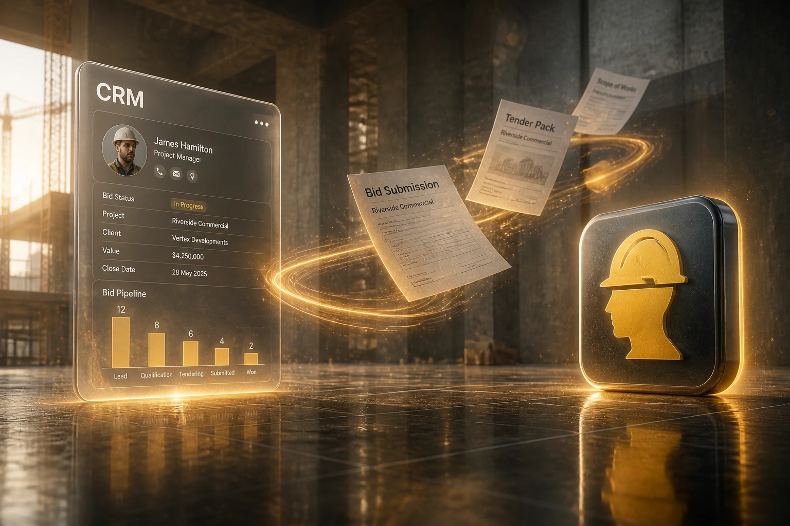 Illustration of a glass CRM bid panel connected by an amber ribbon of tender documents to a hard-hat badge, representing a construction CRM
