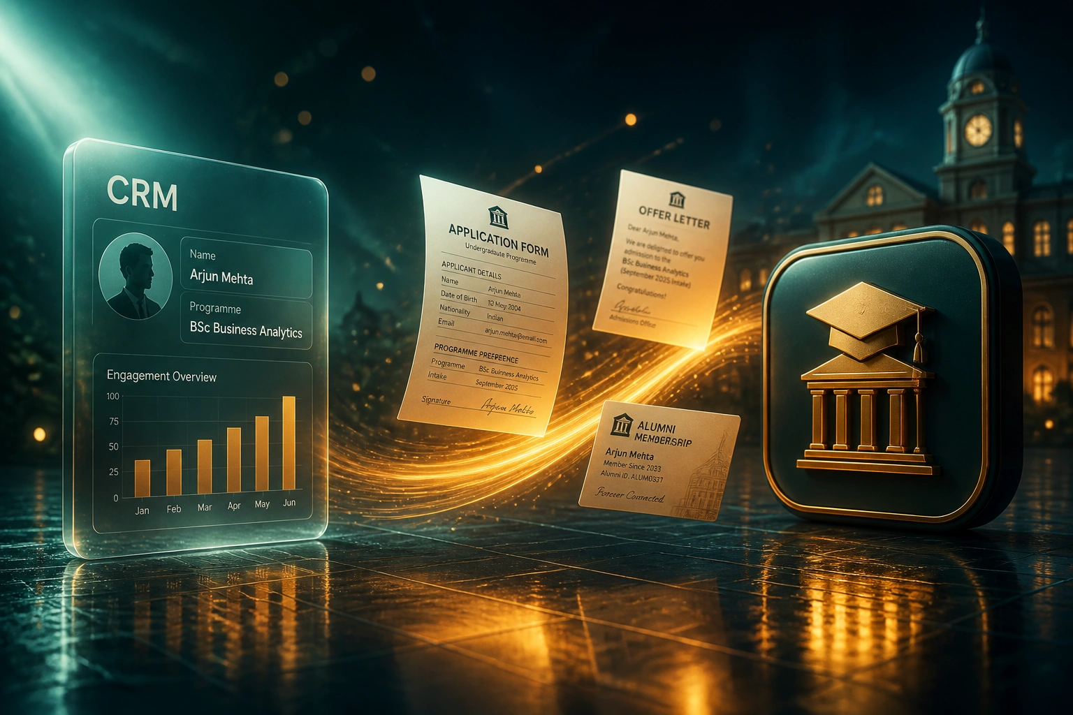 A glass CRM panel and a graduation campus badge connected by application, offer, and alumni documents on an amber light ribbon, illustrating an education student CRM