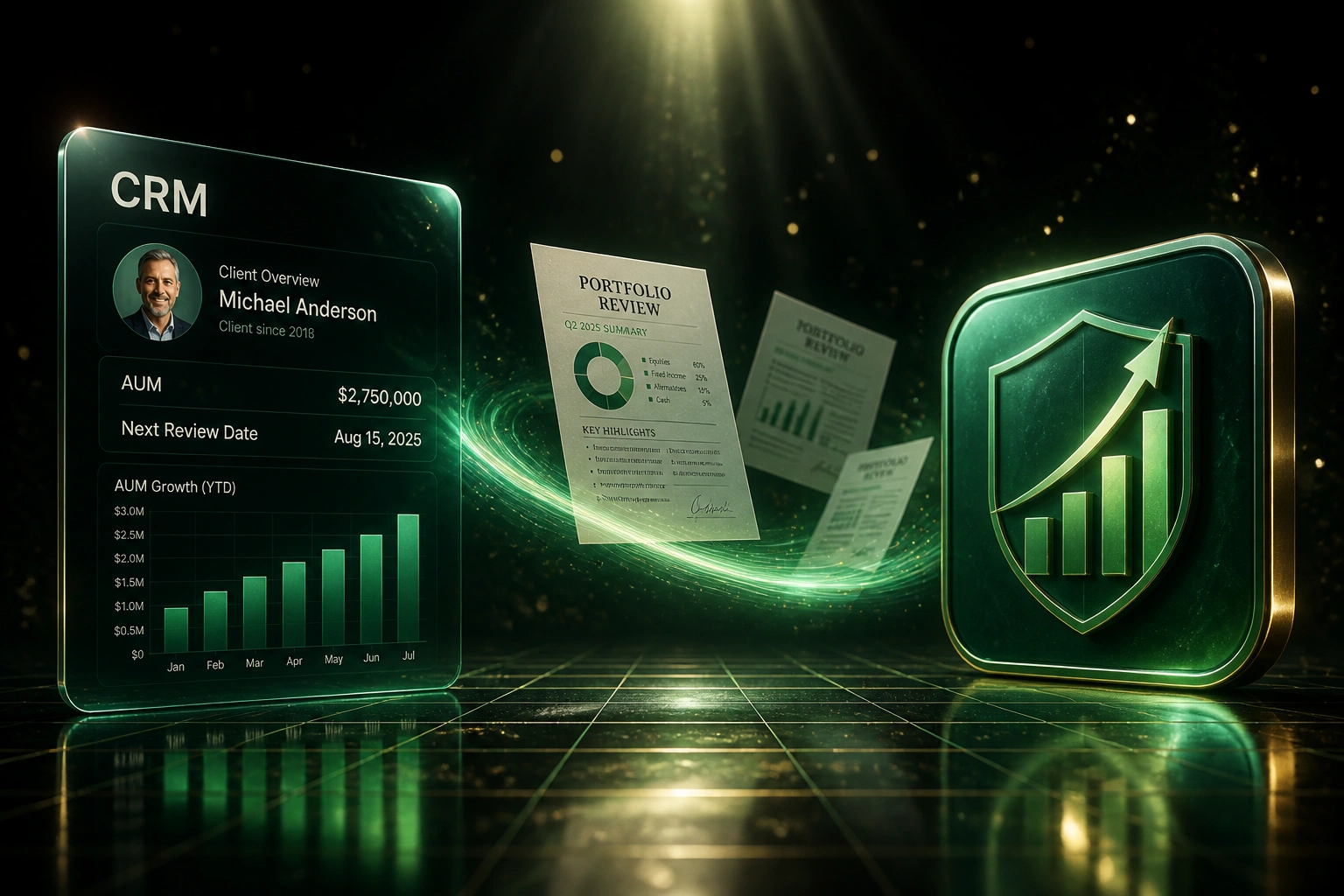 A glass CRM panel for a wealth client connected by a ribbon of portfolio review documents to an emerald shield badge with an ascending chart