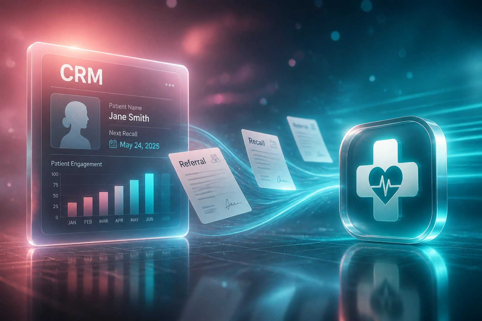 A glass CRM panel and a medical cross badge connected by referral and recall documents on a cyan light ribbon, illustrating a healthcare patient CRM