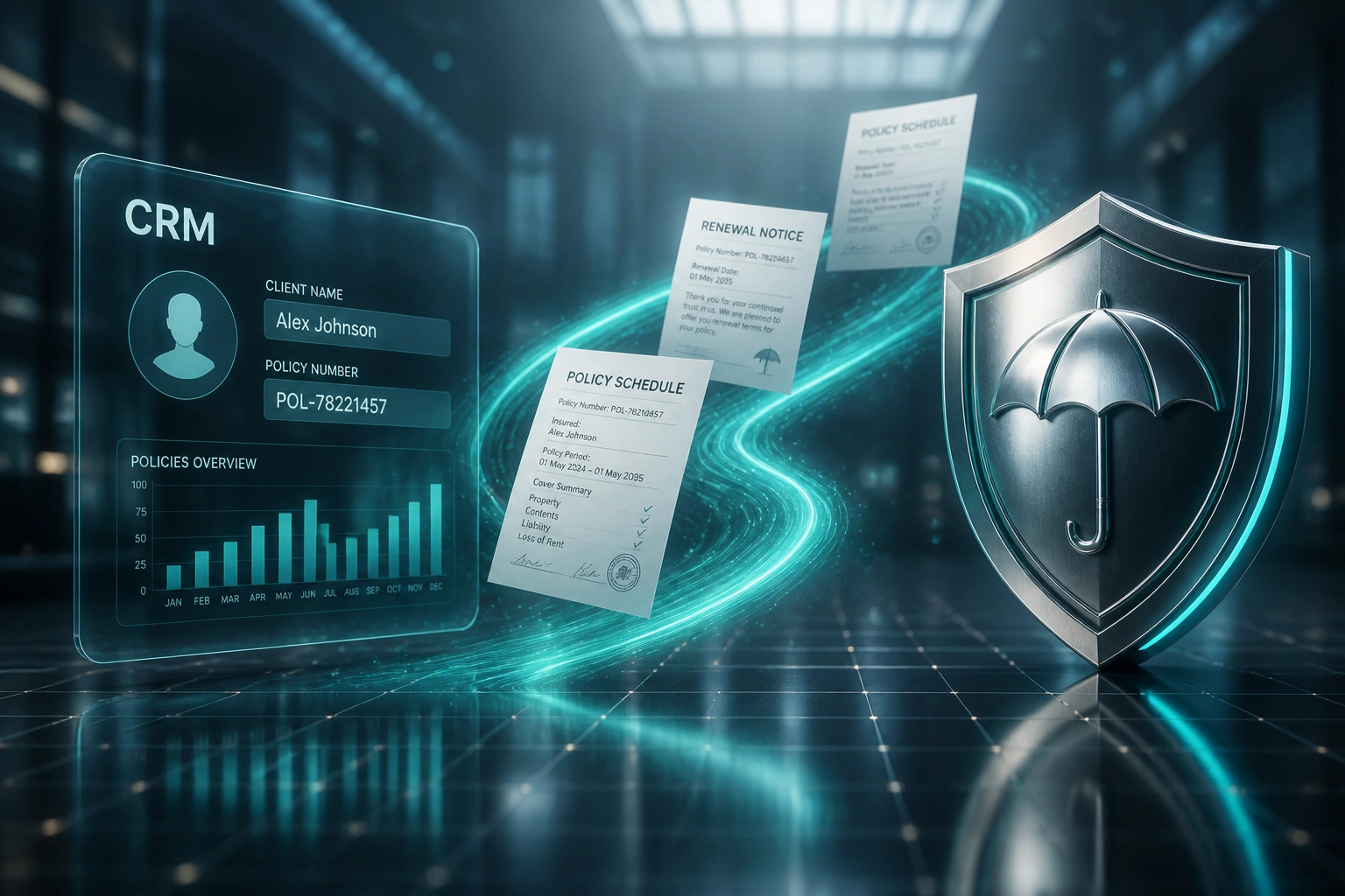 A glass CRM panel for an insurance client connected by a teal ribbon of policy and renewal documents to a metallic shield badge with an umbrella emblem