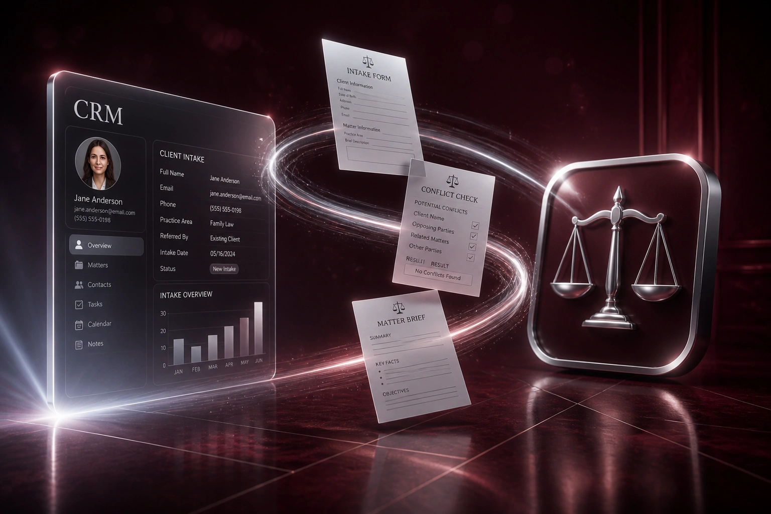 Illustration of a glass CRM intake panel connected by a silver ribbon of matter documents to a scales of justice badge, representing a law firm CRM